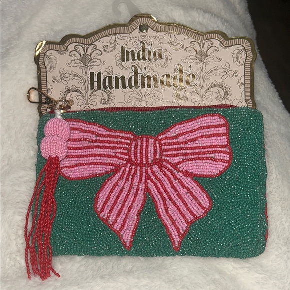 Handbags - Handmade Green Beaded Clutch with Pink Bow